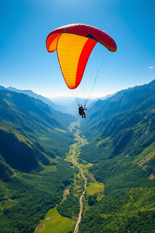high-altitude paragliding over a lush green valley surrounded by steep mountains, bright blue sky, vibrant colors, Canon EOS R5, 24mm lens, f/8 aperture, ISO 200, 1/1000 sec shutter speed, aerial view, high dynamic range photography