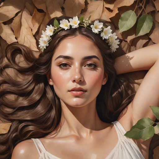 create a watercolor painting of an ethereal portrait of beautiful Turkish woman with a simple white flower crown on her head. Her hair is long and she is lying on the ground. The sunlight on the trees casts shadows from the leaves on her face and body. The background is a neutral brown color that matches her skin tone. The image is minimalist and solid colors. This style is characterized by soft, delicate brushstrokes and a light, airy, contrasting color palette. High level of detail and play of light