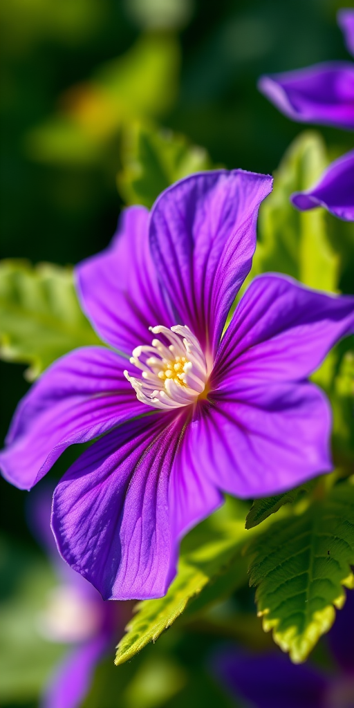Create a highly detailed illustration of a purple flower with white centers and lush green leaves, using a Canon EOS R5 with a 100mm macro lens, aperture set to f/2.8, ISO 100, soft natural lighting, and a shallow depth of field for an artistic and vibrant composition.
