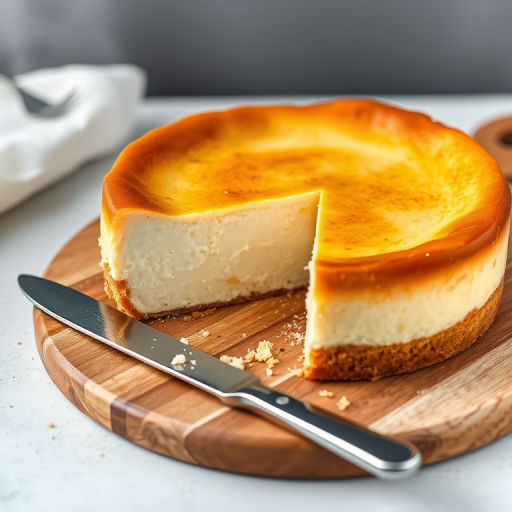 Create an image of a creamy cheesecake with a golden brown crust placed on a wooden serving board. The cheesecake should have a slice cut out, revealing its smooth texture inside. Include a knife resting beside the cheesecake and some crumbs scattered around. The background should be softly blurred to keep the focus on the cheesecake.