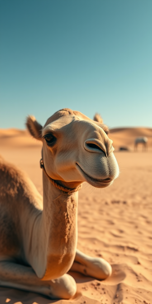a close-up of a camel resting in a vast desert landscape under a clear blue sky, with gentle sand dunes in the background, photographed with a DSLR camera at f/4.0, 1/500s shutter speed, ISO 100, using a 70-200mm lens, capturing high detail and vibrant colors in natural light