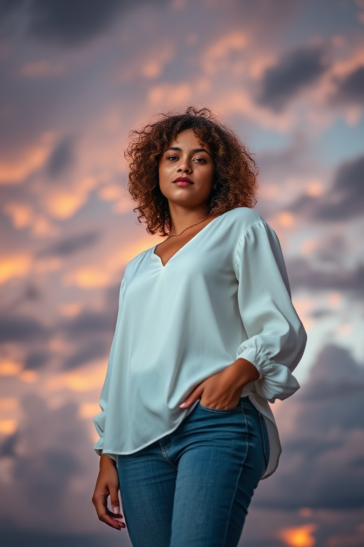 portrait of a young woman with curly hair wearing a white blouse and jeans standing against a dramatic sky with clouds, captured at dusk, 50mm lens, f/1.8 aperture, ISO 200, low angle view, using a DSLR camera with vibrant colors and enhanced contrast