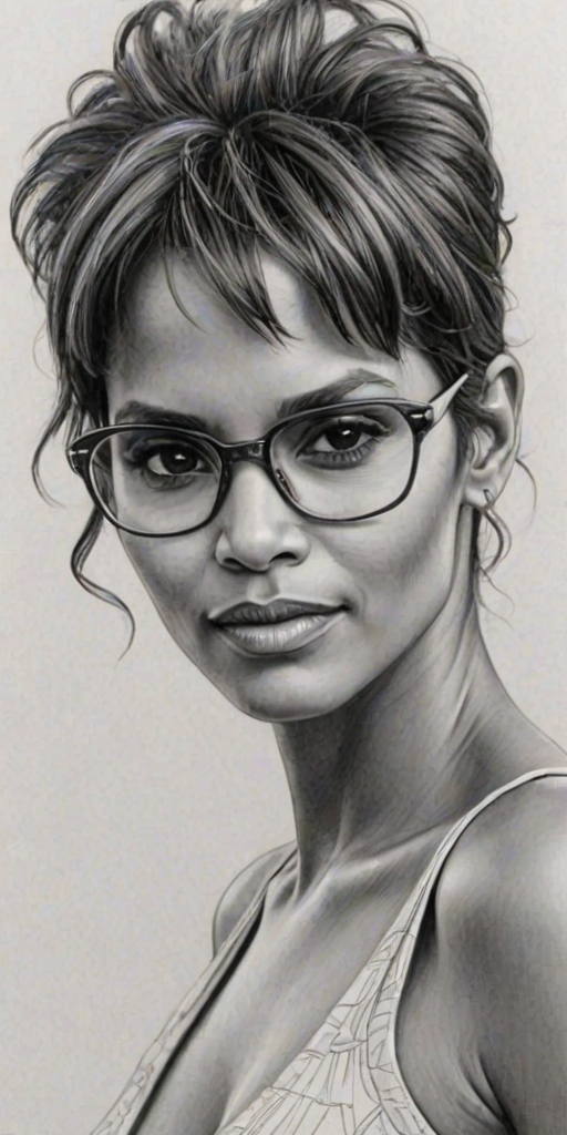 Enchanting Halle Berry, pencil sketch, portrait of Magnificent woman 1944s in glasses, hair style beatnik, outline, clear lines, fine lines, 8k