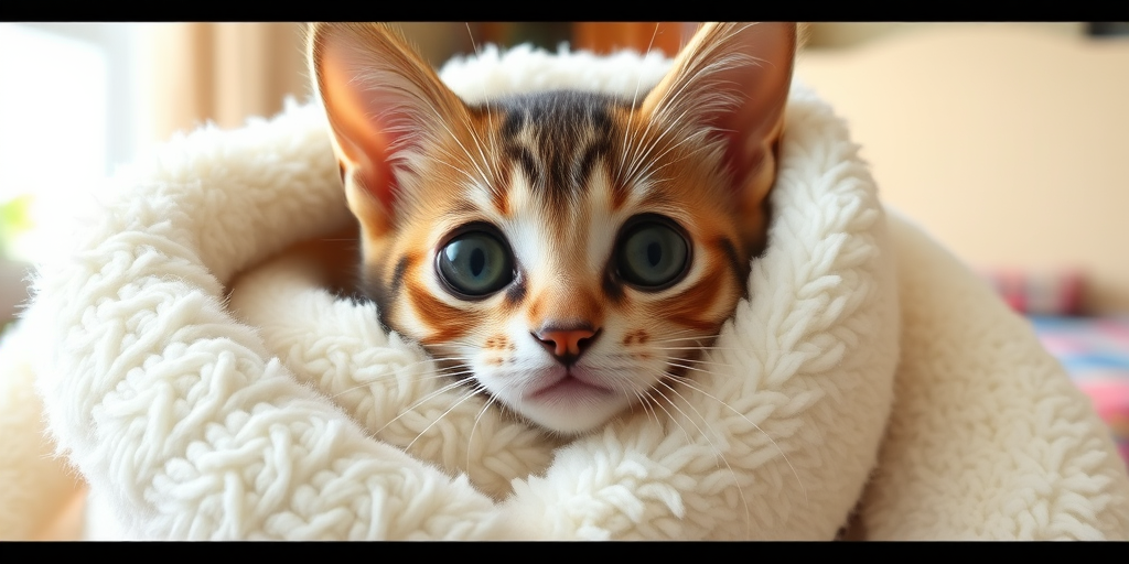 A cute cat with large, expressive eyes wrapped in a soft, fluffy white blanket, looking curiously at the camera, with a cozy indoor setting.