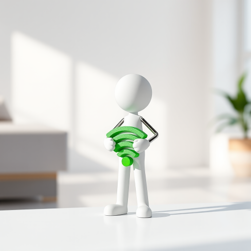 Create an image of a 3D stick figure character in a minimalist style, holding a green Wi-Fi symbol, in a bright and clean environment, using a DSLR camera with a 50mm lens, aperture f/2.8 for shallow depth of field, ISO 100, and natural lighting to enhance clarity and detail.