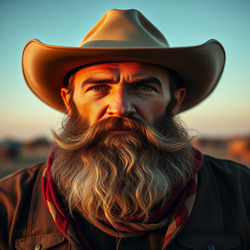 Create a high-resolution image of a rugged cowboy with a prominent beard and wide-brimmed hat, captured in natural lighting at sunset using a DSLR camera, 50mm lens, aperture f/1.8, ISO 200, focus on facial details and texture, shallow depth of field, in a portrait orientation.