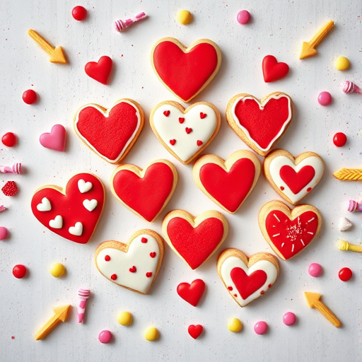 Aerial view of a variety of heart-shaped cookies with red and white icing arranged in a row, surrounded by colorful candy and decorative arrows, shot with a DSLR camera at f/2.8, ISO 100, 1/125s for sharp focus and vibrant colors.