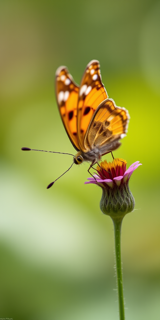 Macro photograph of a butterfly perched on a flower, shallow depth of field, aperture f/2.8, ISO 100, 1/200s shutter speed, taken with a DSLR camera, natural lighting, soft focus background.