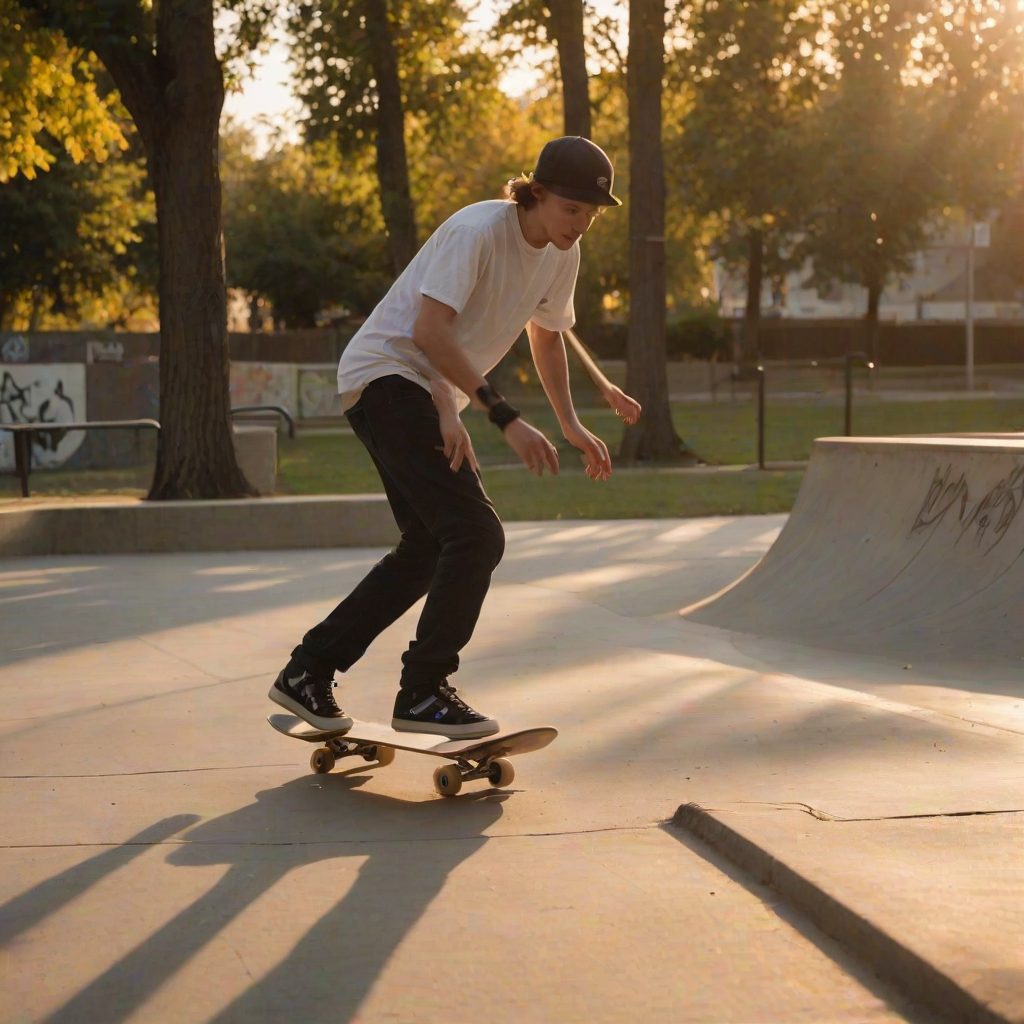 Blurry action shot of a skateboarder grinding a rail in an urban skate park at dusk, soft golden light from the setting sun casting long shadows on the pavement, with distant graffiti-covered walls and trees barely visible.