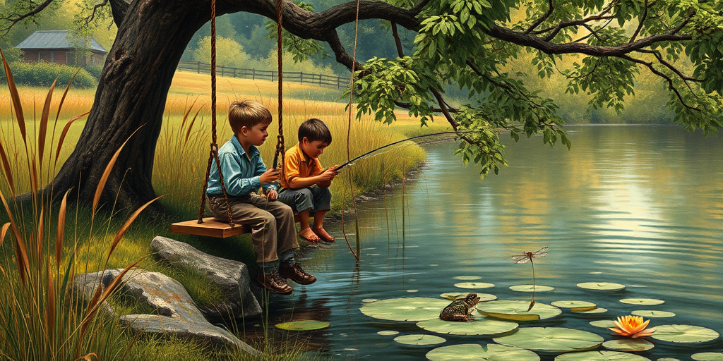 Imagine a small group of old fashioned young boys out fishing by the creek, a swing hanging from a tree branch, reeds and grasses by the water's edge, a frog sitting on a lily pad, dragonflies hovering over som water plans, a very iconic old fashioned scene reminiscent of a Norman Rockwell painting style