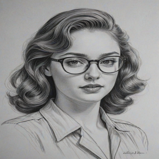 Radiant Danielle Rose Russell, pencil sketch, portrait of Fetching woman 1940s in glasses, hair style beatnik, outline, clear lines, fine lines, 8k