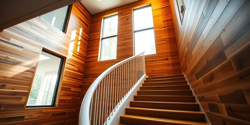 interior of a modern staircase with a curved white railing and wooden steps, warm wooden walls, natural light streaming through large windows, shot with a Canon EOS R5, 24mm lens, f/8 aperture, ISO 200, 1/60 sec shutter speed, wide-angle view for enhanced perspective