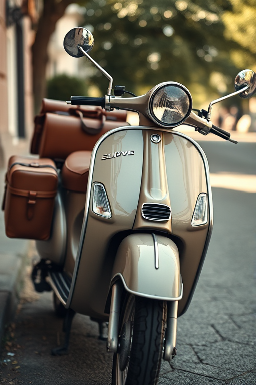 Capture a vintage scooter with a sidecar packed with brown luggage, shot from a low angle to emphasize the unique design, using a 50mm lens at f/1.8 for a shallow depth of field, ISO 100, and soft natural lighting to enhance details and colors.