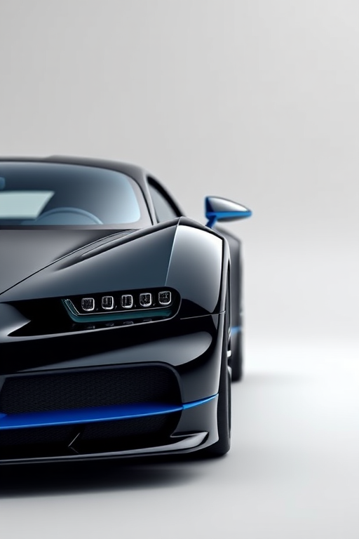 Create a high-resolution 3D render of a sleek bugatti sports car with a glossy black and blue color scheme, set against a minimalistic light gray background, using a DSLR camera at f/2.8 aperture, ISO 100, 50mm focal length, with soft lighting and a three-point lighting setup to enhance reflections and details.
