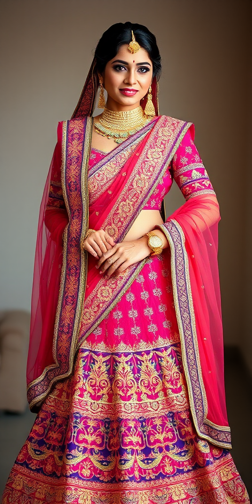 Regenerate the image of a woman wearing a traditional Indian lehenga with intricate patterns, displaying vibrant colors and a matching dupatta, in soft natural lighting, camera settings: ISO 100, aperture f/2.8, shutter speed 1/125 sec, camera view: full body shot, camera style: portrait photography, camera type: DSLR.