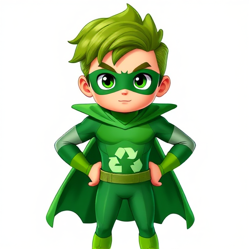 A cartoon superhero with green hair and a green costume featuring a recycling symbol, standing confidently with hands on hips, high-resolution image, shot with a DSLR camera at f/4, ISO 100, 50mm lens, brightly lit with soft diffused lighting, front view.