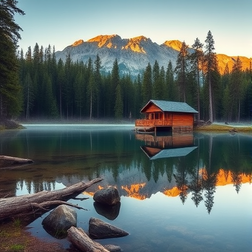 A serene mountain landscape featuring a wooden cabin by a clear lake surrounded by tall pine trees, with reflections in the water, captured in natural light at sunrise, using a DSLR camera with a 24mm lens, f/8 aperture, ISO 100, and a slow shutter speed for smooth water effects.