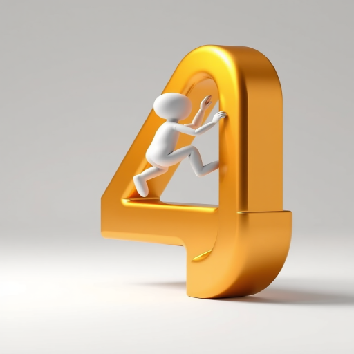 Create a 3D-rendered image of a small, white humanoid figure climbing on a large, shiny golden number 4, with a soft white background, using a Canon EOS 5D, f/8 aperture, 50mm lens, and studio lighting for a clean and vibrant look.