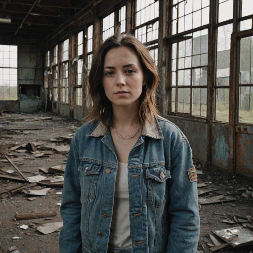 Abandoned industrial complex, rusted metal and broken windows, a woman in a denim jacket explores the forgotten space, her camera slung over her shoulder, ready to capture the eerie beauty.