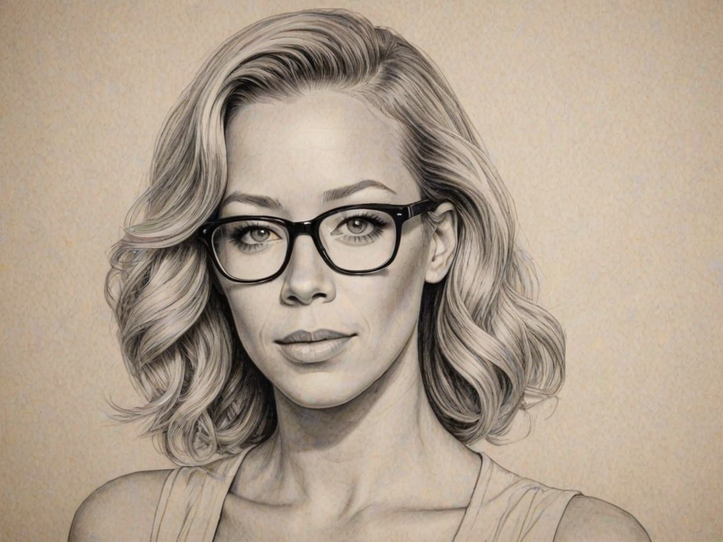 Captivating Kendra Wilkinson, pencil sketch, portrait of Superb woman 1922s in glasses, hair style beatnik, outline, clear lines, fine lines, 8k