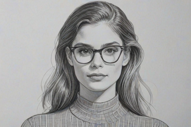 Elegant Caitlin Stasey, pencil sketch, portrait of Beauteous woman 1954s in glasses, hair style beatnik, outline, clear lines, fine lines, 8k