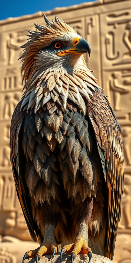 Create a highly detailed image of a majestic eagle-like creature with intricate feathers and a regal appearance, set against an ancient Egyptian backdrop with hieroglyphics, captured with a DSLR camera at 50mm, f/1.8 aperture, ISO 200, in natural sunlight for vibrant colors and sharp focus.