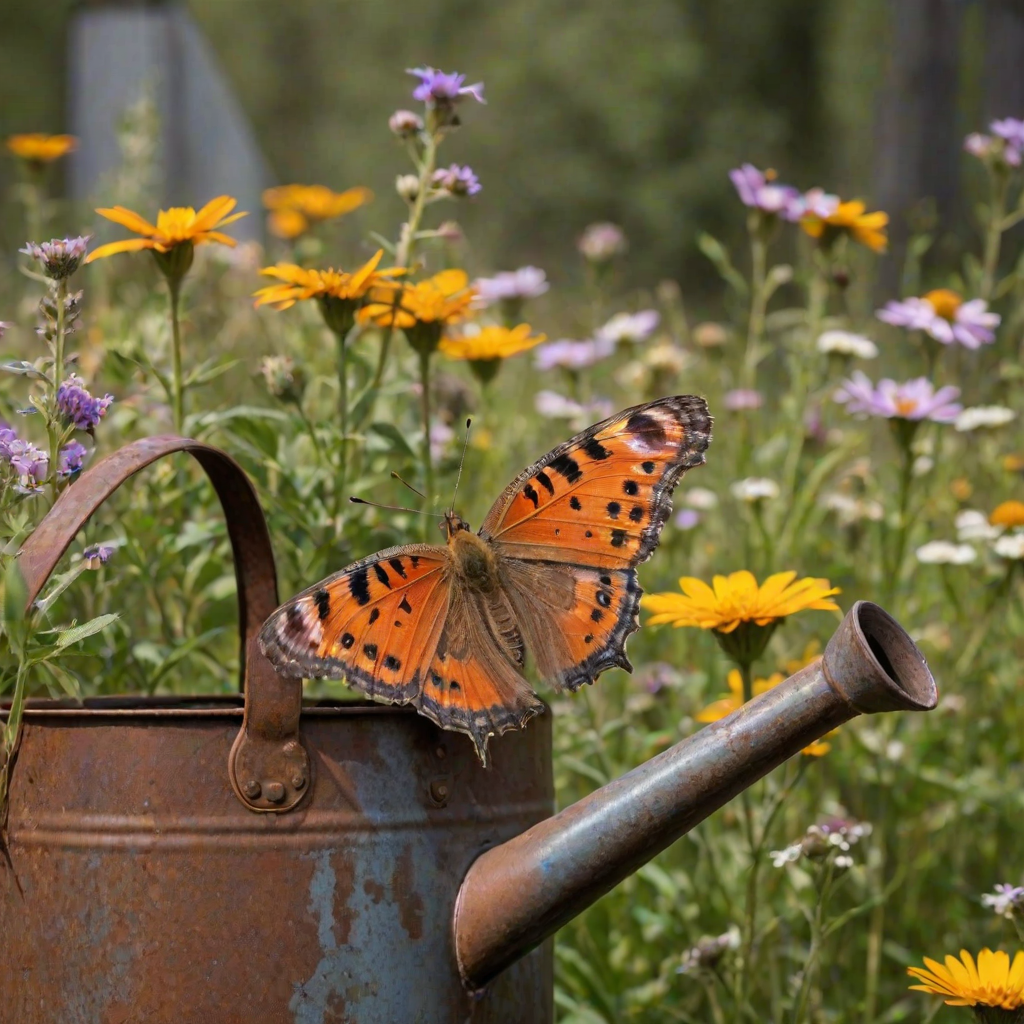 Sharp close-up of a butterfly perched on the edge of a rusty watering can, vibrant wings in stark contrast to the weathered metal, with bright wildflowers blooming in the blurred background.