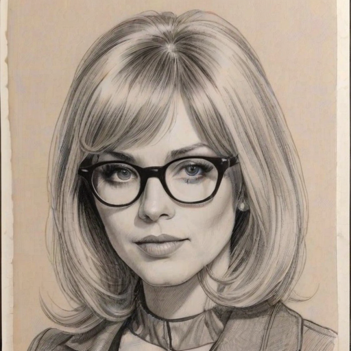 Comely Barbara Crampton, pencil sketch, portrait of Captivating woman 1968s in glasses, hair style beatnik, outline, clear lines, fine lines, 8k