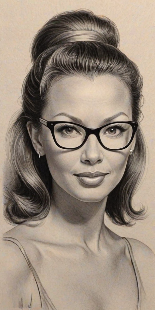 Enticing Vanessa Williams, pencil sketch, portrait of Pleasing woman 1951s in glasses, hair style beatnik, outline, clear lines, fine lines, 8k