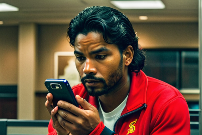 Miguel with a determined look while looking for inspiration on his cell phone