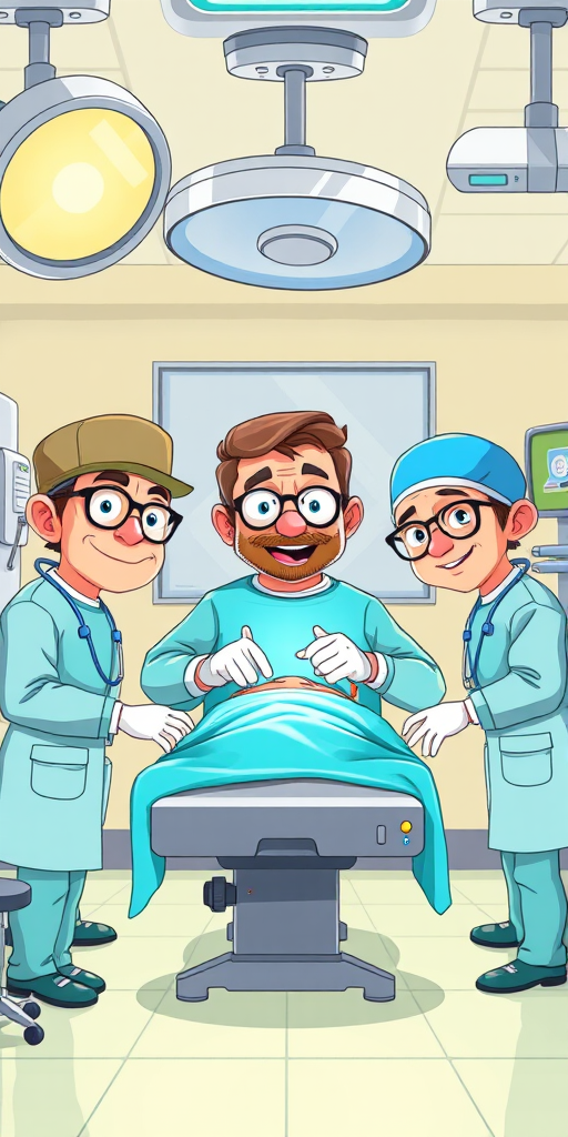 Create a cartoon-style illustration of a surgical room with four cartoon doctors performing surgery on a patient, featuring bright colors and exaggerated facial expressions, using a Canon EOS R5 camera with a 24-70mm f/2.8 lens, aperture set to f/8, ISO 100, and a wide-angle view to capture the scene in high detail.