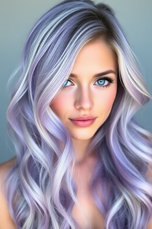 Stunning ombre lavender to silver hair cascades down in beachy waves, framing a delicate face with piercing blue eyes. The "Twilight Mist" style features subtle highlights that shimmer like moonlight on water, creating depth and dimension. Soft tendrils frame the face, while the back is styled in loose, effortless curls that evoke a dreamy, ethereal quality.