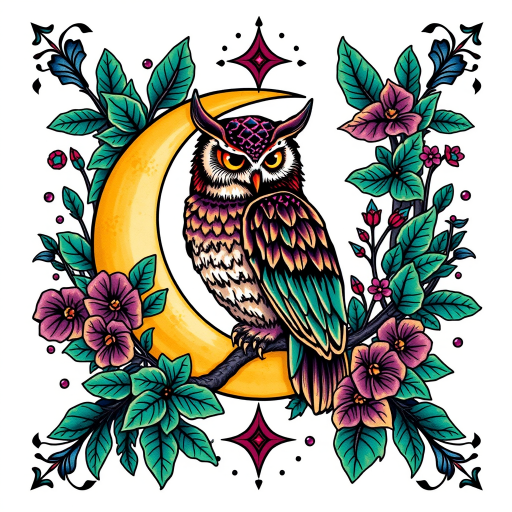 Neo-traditional tattoo design titled "Enchanted Forest Guardian" showcasing a mystical owl perched on a crescent moon surrounded by lush foliage and magical symbols in jewel tones