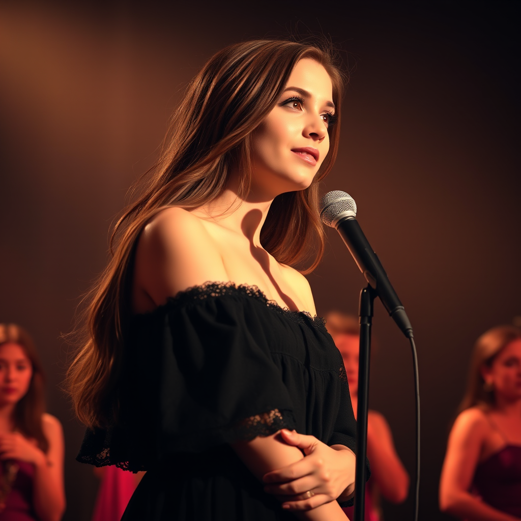 A young woman with long, flowing brown hair is standing in the center of the frame, holding a microphone in her right hand, and looking slightly off to the right side of the frame. She is wearing a black, off-the-shoulder dress with delicate lace detailing. The lighting is warm and dramatic, creating a spotlight effect on the singer. There are other figures in the background, blurred and out of focus, suggesting a concert or performance setting. The camera angle is low, capturing the woman from the waist up. The overall atmosphere is intimate and captivating.