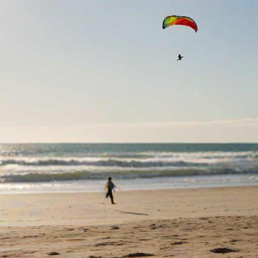 Blurry action shot of a kite flying high above a sunlit beach, soft focus on the bright colors of the kite, distant seagulls flying overhead, and children running along the shoreline, the sound of waves crashing in the background.