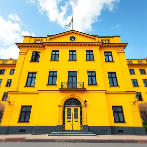 Create a 3D illustration of a yellow building with black outlines, capturing a low-angle view with a wide aperture of f/2.8 to enhance depth of field, using a digital camera with a 24mm lens at ISO 100 for a vibrant and sharp quality.
