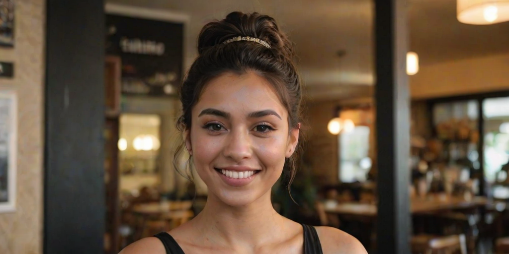 The image is a photograph of a young woman with a light olive skin tone and dark hair slightly messy updo. Her eyes are piercing,   wearing a formfitting dress Standing in a cafe. looking a the viewer, smile