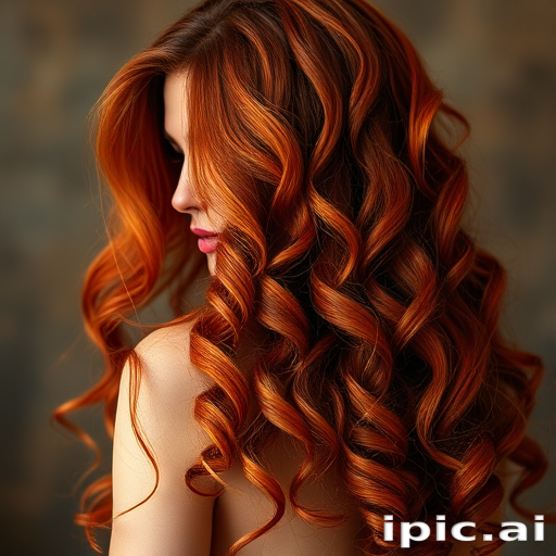 Enchanting portrait captures Copper Flame long hair, rich auburn base with vibrant orange and red highlights, styled in voluminous ringlets cascading down the back