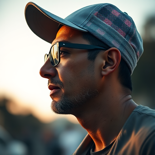 Capture a side profile of a man wearing a cap and glasses, focusing on his facial features with soft evening light, using a Canon EOS R5, 85mm f/1.2 lens, with an aperture of f/1.8, ISO 200, shutter speed 1/200s, in a dynamic low-angle perspective with a shallow depth of field.