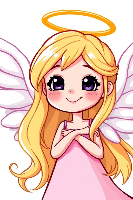 Create a vibrant cartoon illustration of a cheerful angel with long blonde hair and simple wings, camera settings: f/2.8, ISO 100, shutter speed 1/250s, camera view: close-up, camera style: vibrant colors, camera type: digital DSLR.