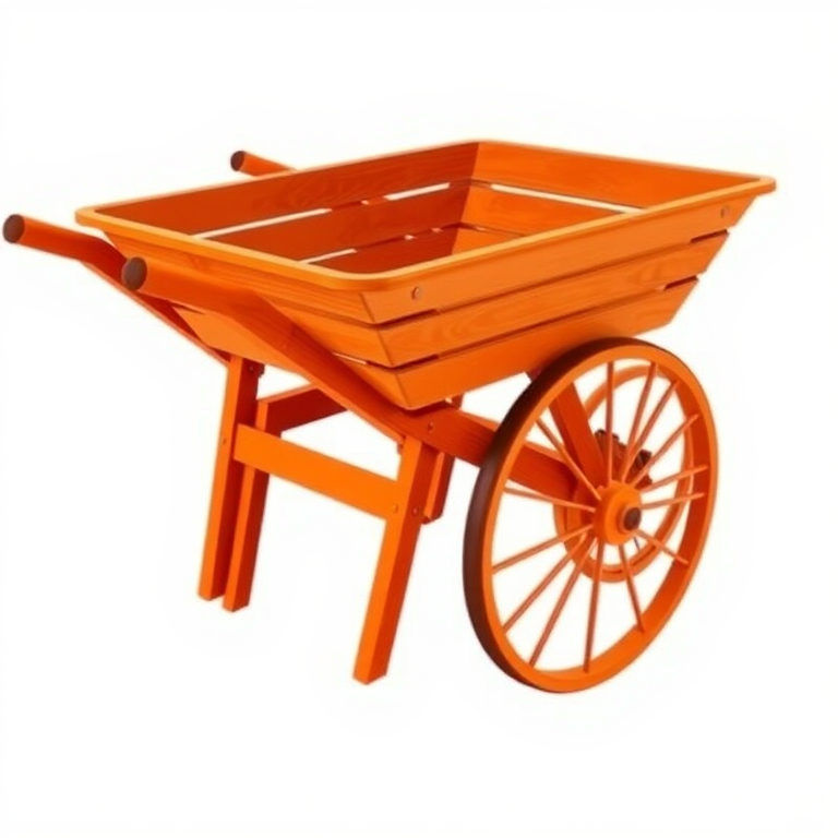 Create a high-resolution digital illustration of a wooden wheelbarrow with a flatbed, featuring a dark orange color and a sturdy design with visible wooden slats, set against a plain white background, using a modern vector art style; camera settings: ISO 100, f/8, 1/200s; camera view: side profile; camera type: digital SLR.