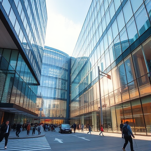Create an architectural rendering of a modern glass building with a busy urban environment, focusing on the interplay of light and shadow, using a wide-angle lens, aperture f/8, ISO 100, 24mm focal length, and a high dynamic range to emphasize clarity and depth.