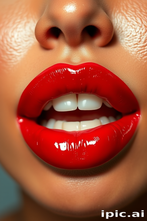 Vibrant cherry red lips with a glossy finish, showcasing plump and voluminous curves, reflecting light beautifully, exuding sensuality and confidence in a close-up portrait