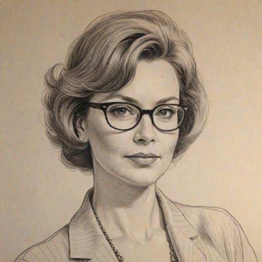 Resplendent Rosanne Barr, pencil sketch, portrait of Resplendent woman 1949s in glasses, hair style beatnik, outline, clear lines, fine lines, 8k