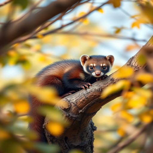 Create a highly detailed illustration of a marten resting on a tree branch surrounded by soft, blurred foliage in a serene outdoor setting, using a DSLR camera with a 85mm lens, f/1.8 aperture, ISO 200, and natural light to capture vivid colors and depth of field.