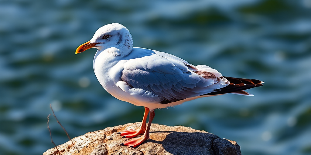 Create a highly detailed illustration of a seagull standing on a rock with intricate feather patterns, captured with a Canon EOS 5D Mark IV, 50mm lens, f/8 aperture, 1/125s shutter speed, ISO 100, in natural lighting for vivid colors and sharp detail.
