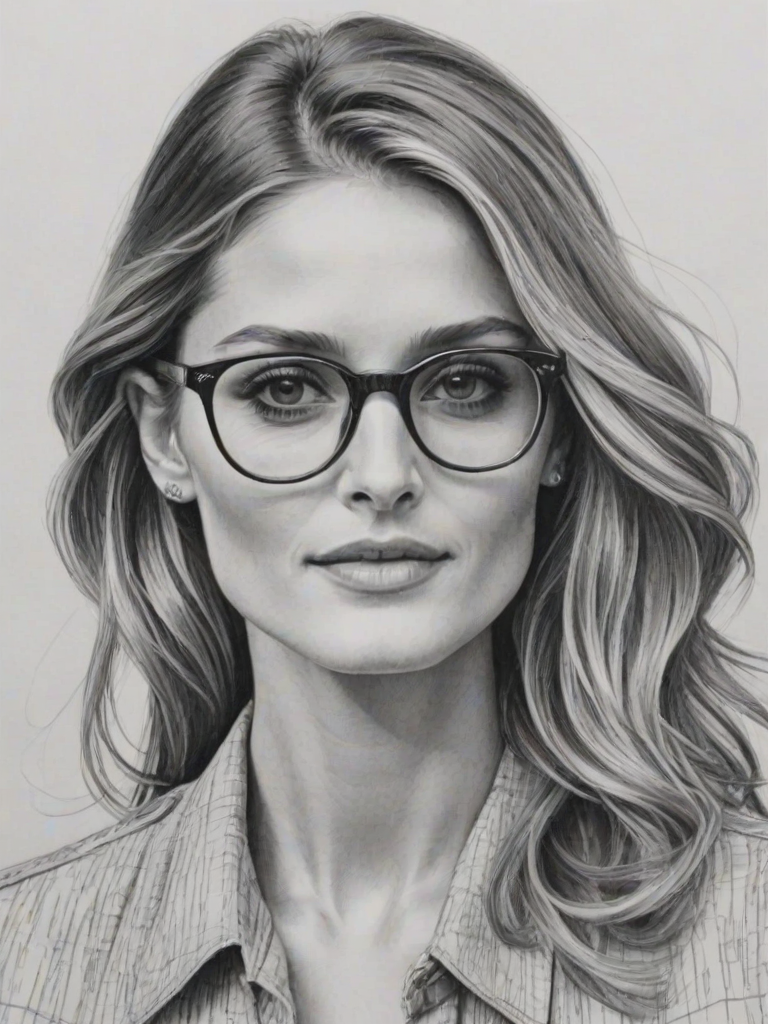 Pleasing Olivia Palermo, pencil sketch, portrait of Fascinating woman 1951s in glasses, hair style beatnik, outline, clear lines, fine lines, 8k