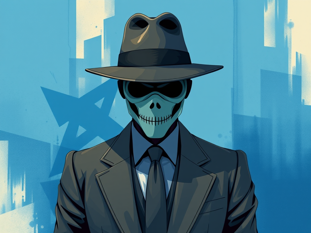 Create a high-resolution digital illustration of a mysterious figure in a suit and hat, with a stylized mask, against an abstract background of blue and geometric shapes, using a Canon EOS R5 camera, with a 50mm f/1.2 lens, aperture set to f/2.8, shutter speed 1/100s, ISO 200, and a portrait orientation.
