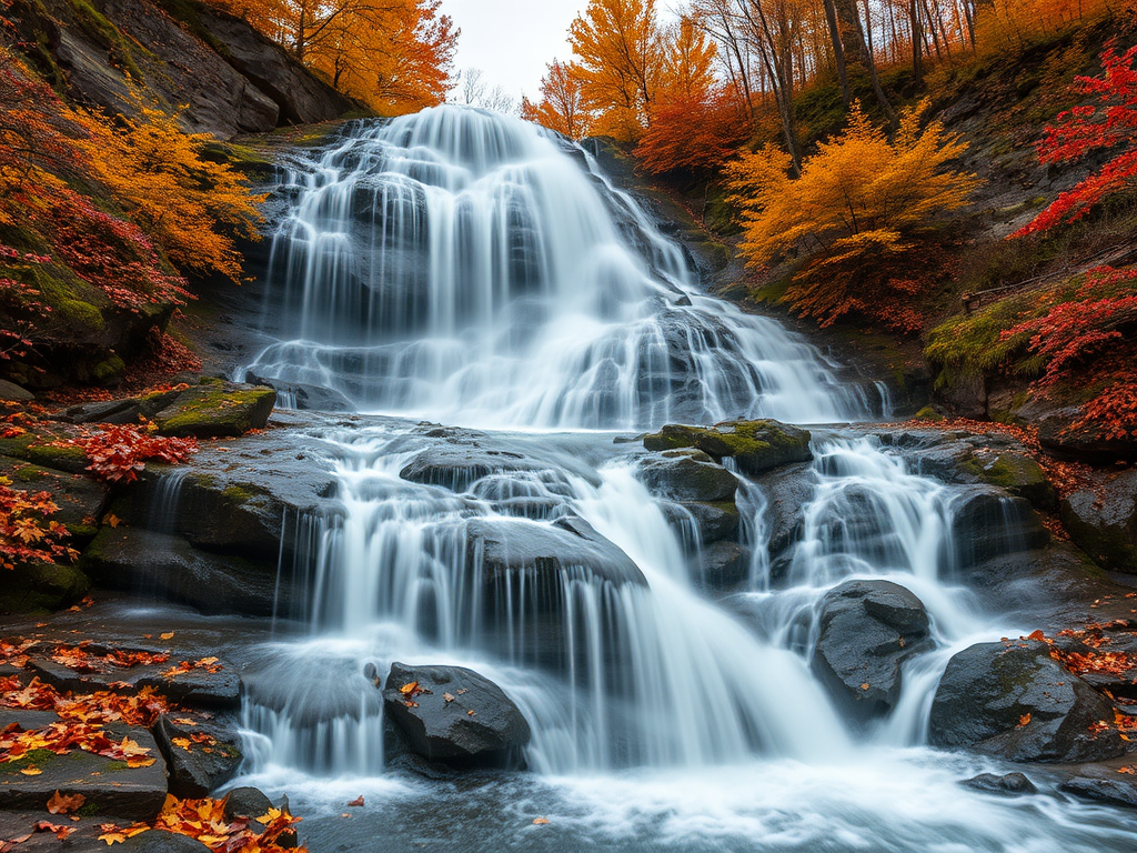 Generate a high-resolution image of a cascading waterfall surrounded by autumn foliage, captured with a Canon EOS R5, 24mm lens, f/11 aperture, ISO 100, at a 1/250 second shutter speed, in a wide-angle view to emphasize the landscape's beauty.