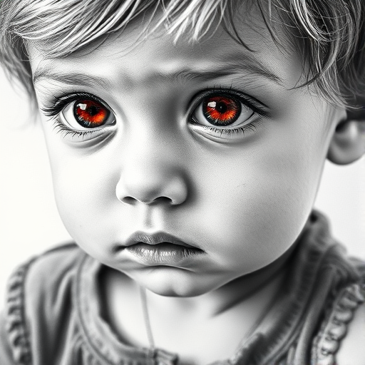 A hyperdetailed photorealistic black and white sketch of a beautiful toddler with deep red eyes, with a macro focus